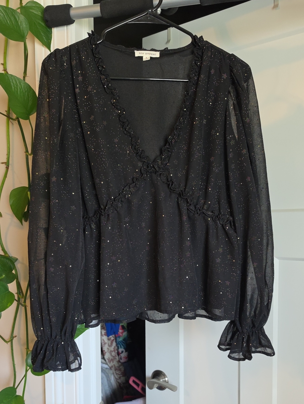 Blu Pepper Black Metallic Star Ruffle V-Neck Blouse